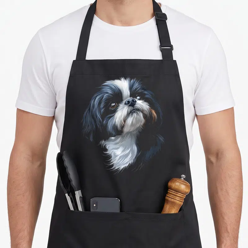 Tablier de cuisine noir avec portrait détaillé d'un chien Shih Tzu aux poils blancs et gris.