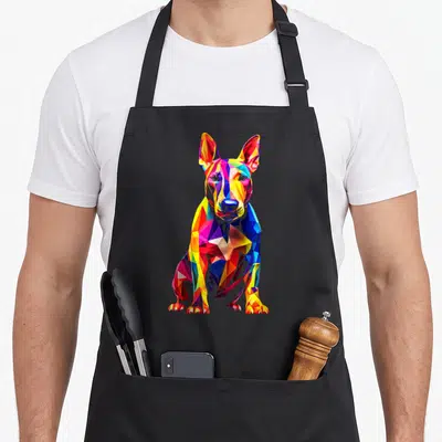 Tablier de cuisine noir avec illustration colorée et géométrique d'un chien Bull Terrier assis.