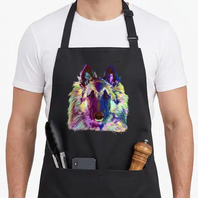 Tablier de cuisine noir avec portrait artistique d'un chien Tervueren aux couleurs vives et style Splash.