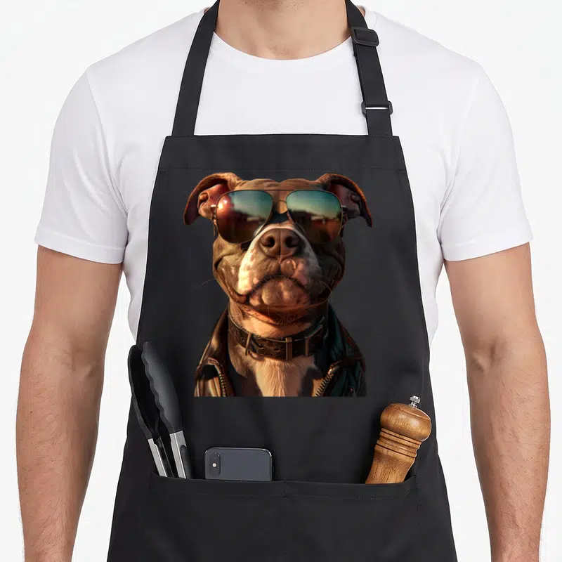 Tablier de cuisine noir avec illustration d'un Pitbull portant des lunettes aviateurs et une veste en cuir.