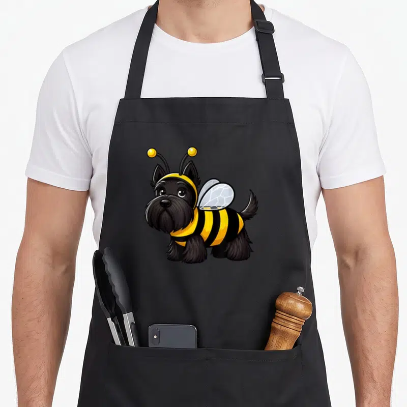 Tablier de cuisine noir avec illustration Scottish Terrier Bee Dog Animal en tenue de guêpe jaune et noire.