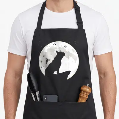Tablier de cuisine noir avec silhouette de Bouledogue Français regardant une grande Lune pleine entourée d'étoiles.