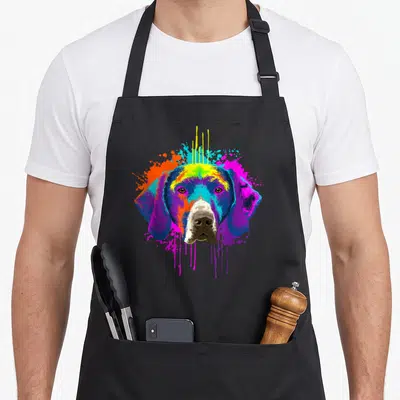 Tablier de cuisine noir avec portrait coloré d'un braque allemand en style splash art.