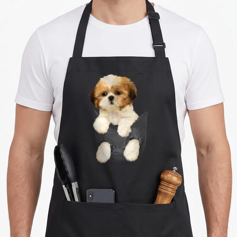 Tablier de cuisine noir avec un chiot Shih Tzu blanc et fauve sortant d'une poche transparente imprimée au centre.