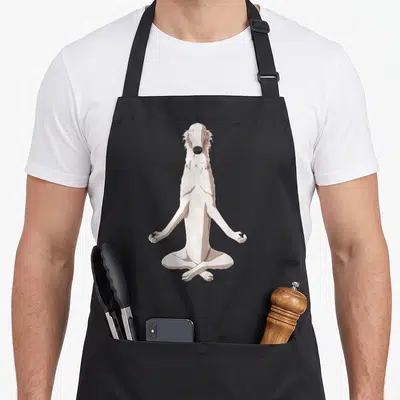 Tablier de cuisine noir avec illustration d'un chien Barzoï blanc assis en tailleur dans une posture de méditation yoga.
