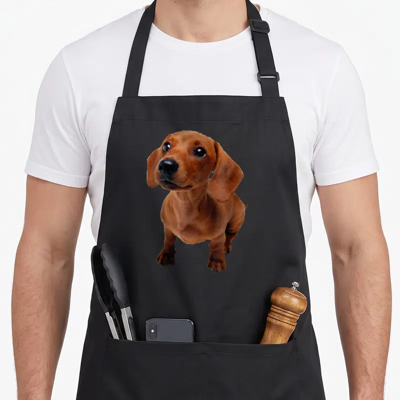 Tablier de cuisine noir avec un chiot dachshund brun regardant vers le haut