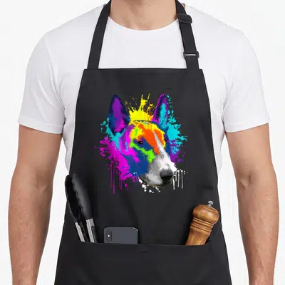 Tablier de cuisine noir avec portrait de Bull Terrier aux couleurs vives et effet peinture éclaboussée.