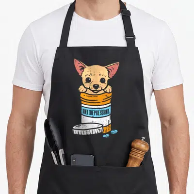 Tablier de cuisine noir avec illustration chihuahua sortant d'un flacon orange et bleu Antidepressant.