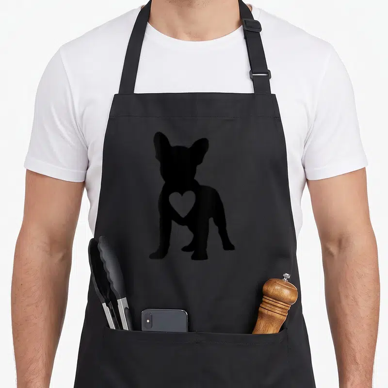 Tablier de cuisine noir avec silhouette de Bouledogue français et un cœur blanc au centre du torse.