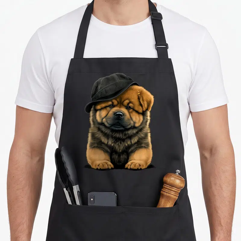 Tablier de cuisine noir avec illustration d'un chow chow portant un chapeau noir et un regard expressif.