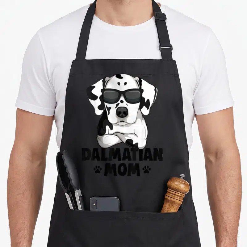 Tablier de cuisine noir avec illustration d'un Dalmatien aux lunettes de soleil et le texte Dalmatian Mom.