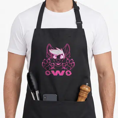 Tablier de cuisine noir avec illustration d'un chiot rose kawaii et le texte OwO en bas.