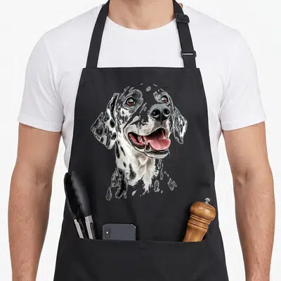 Tablier de cuisine noir avec illustration d'un chien dalmatien souriant aux taches noires et à la langue rose.