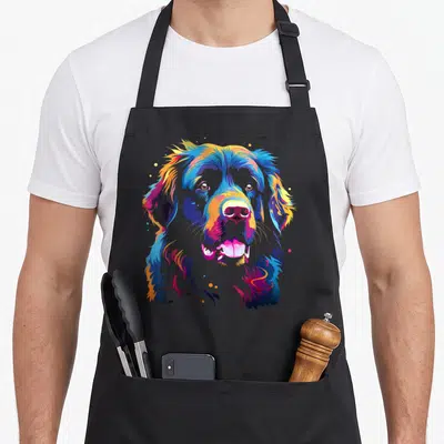Tablier de cuisine noir avec portrait artistique d'un chien Terre-Neuve multicolore et expressif.