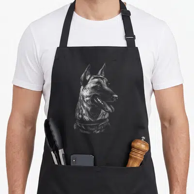 Tablier de cuisine noir avec illustration détaillée d'un Malinois Belga de profil