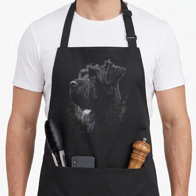 Tablier de cuisine noir avec portrait au trait d'un Bouvier des Flandres aux yeux dorés