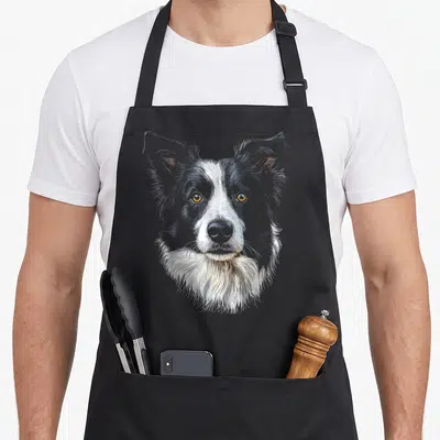 Tablier de cuisine noir avec portrait détaillé de Border Collie aux yeux dorés et fourrure noire et blanche.