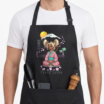 Tablier de cuisine noir avec un chien Chinois à crête en kimono samouraï devant le Mount Fuji et des fleurs de sakura.