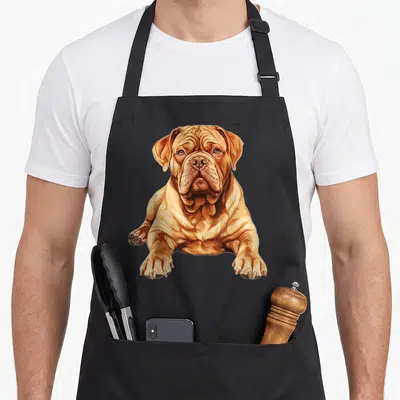 Tablier de cuisine noir avec illustration graphique d'un Dogue de Bordeaux couché aux tons bruns et beiges.
