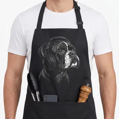 Tablier de cuisine noir avec illustration d'un chien boxer portant des écouteurs sur la tête.
