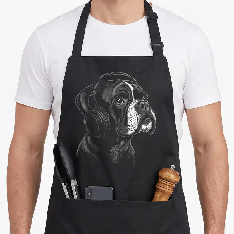 Tablier de cuisine noir avec illustration d'un chien boxer portant des écouteurs sur la tête.