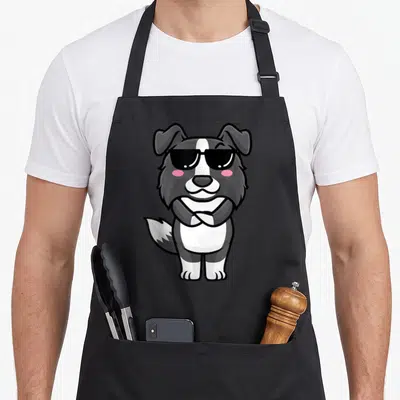 Tablier de cuisine noir avec illustration d'un Border Collie aux lunettes noires et joues roses.