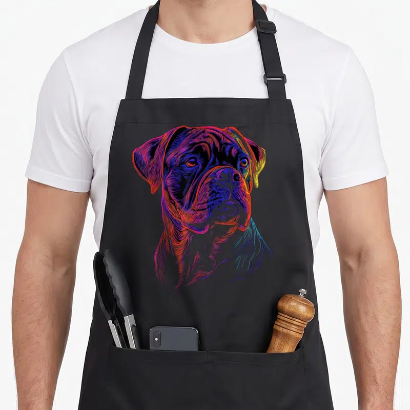 Tablier de cuisine noir avec portrait artistique Dogue de Bordeaux aux couleurs vives et lignes fines multicolores.