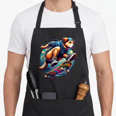 Tablier de cuisine noir avec illustration d'un chien en tenue streetwear effectuant un saut acrobatique sur une planche à roulettes colorée.
