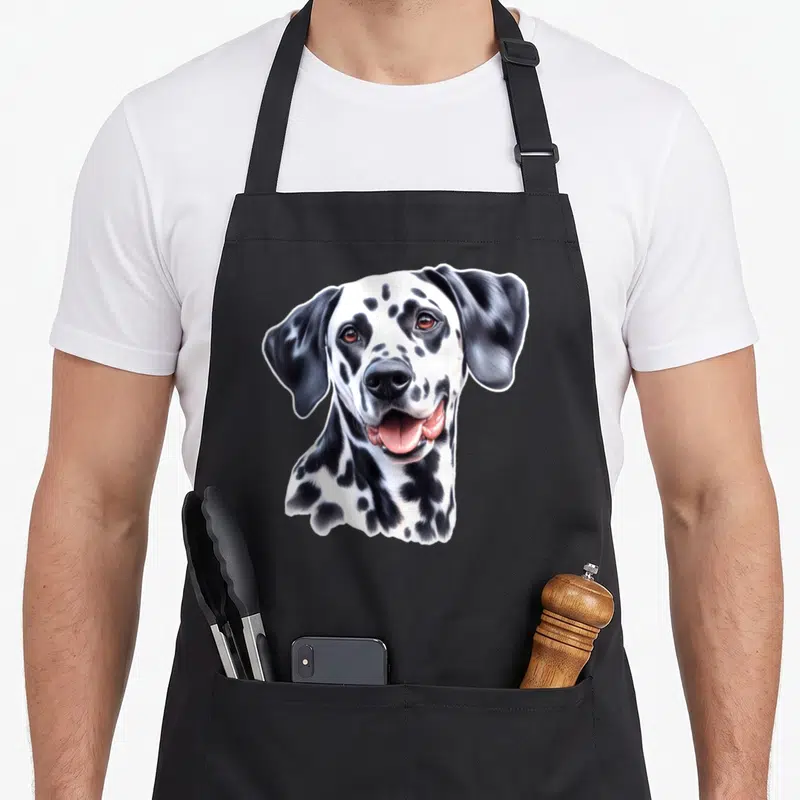 Tablier de cuisine noir avec illustration d'un chien dalmatien au visage souriant et aux taches noires distinctives.
