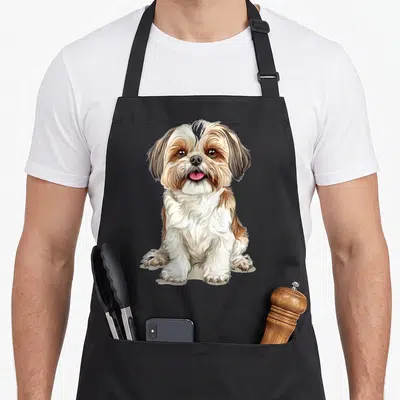 Tablier de cuisine noir avec illustration d'un Shih Tzu assis, blanc et fauve, langue rose visible.