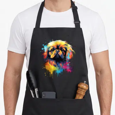 Tablier de cuisine noir avec illustration colorée d'un chien pékinois au style aquarelle.