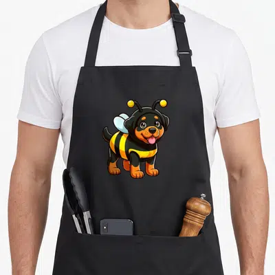 Tablier de cuisine noir avec un chiot Rottweiler costumé en abeile aux rayures jaunes et noires