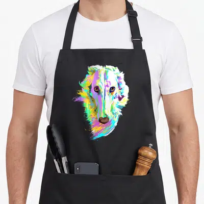 Tablier de cuisine noir avec portrait coloré et stylisé d'un chien Barzoï aux teintes vives.