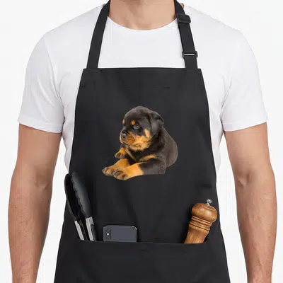 Tablier de cuisine noir avec illustration d'un puppy Rottweiler et le texte LOVE IS imprimé sur le côté gauche.