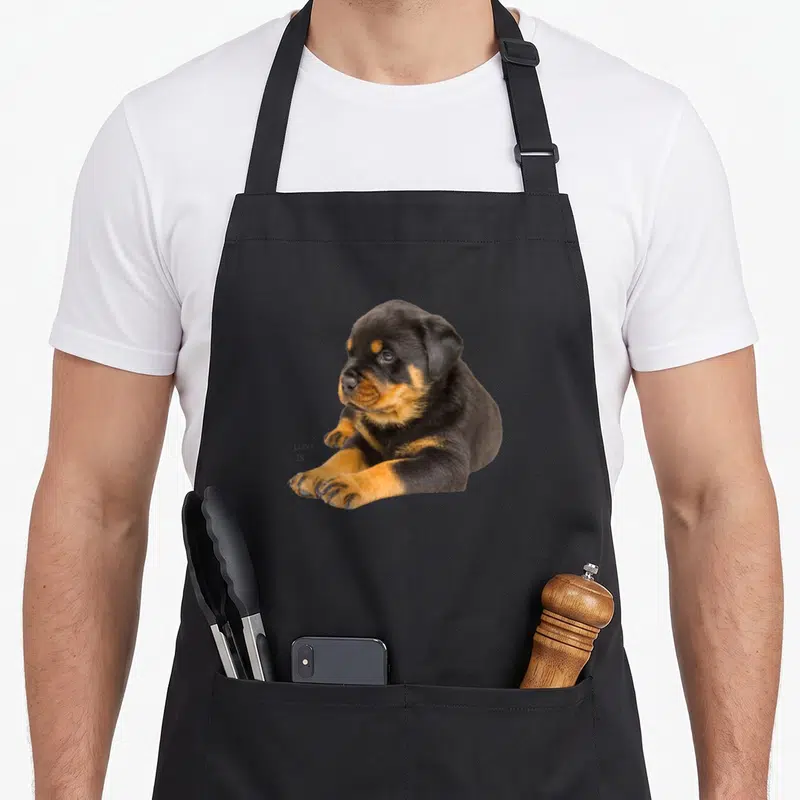 Tablier de cuisine noir avec illustration d'un puppy Rottweiler et le texte LOVE IS imprimé sur le côté gauche.