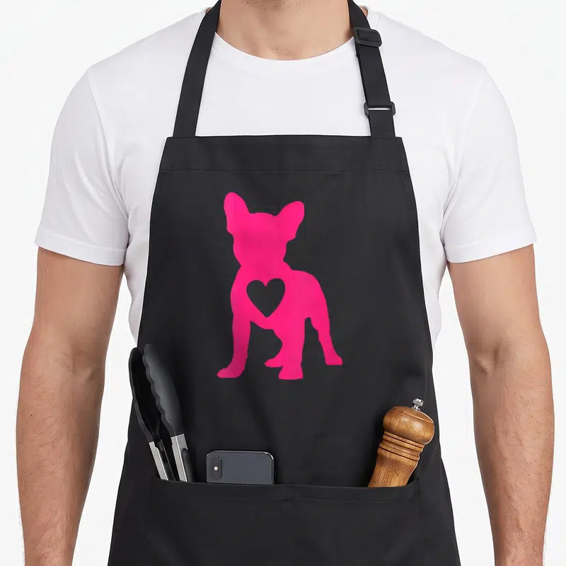 Tablier de cuisine noir avec silhouette rose vif de Bouledogue français et cœur en négatif sur le torse.