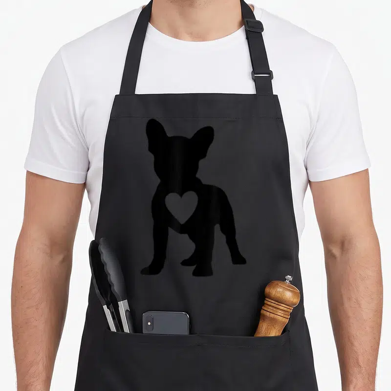 Tablier de cuisine noir avec silhouette de Bouledogue français et cœur blanc sur le dos.