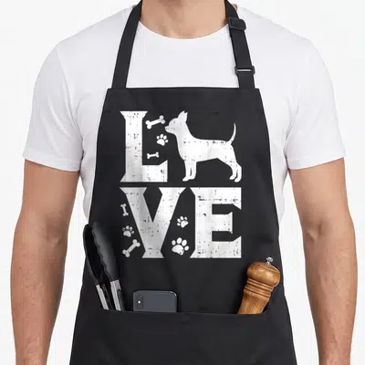 Tablier de cuisine noir avec motif blanc Love Chihuahua empreintes et os stylisés vintage