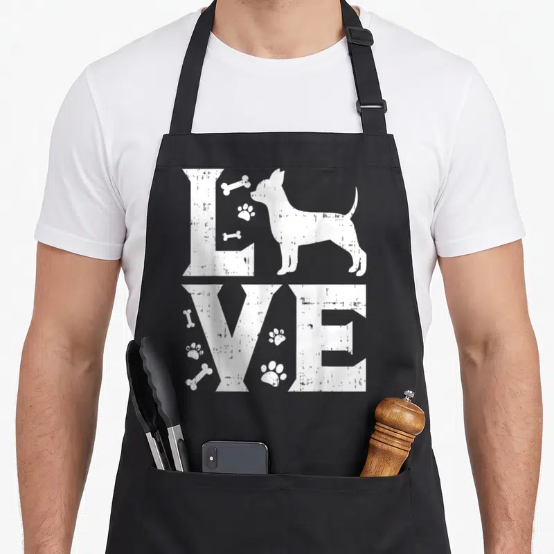 Tablier de cuisine noir avec motif blanc Love Chihuahua empreintes et os stylisés vintage