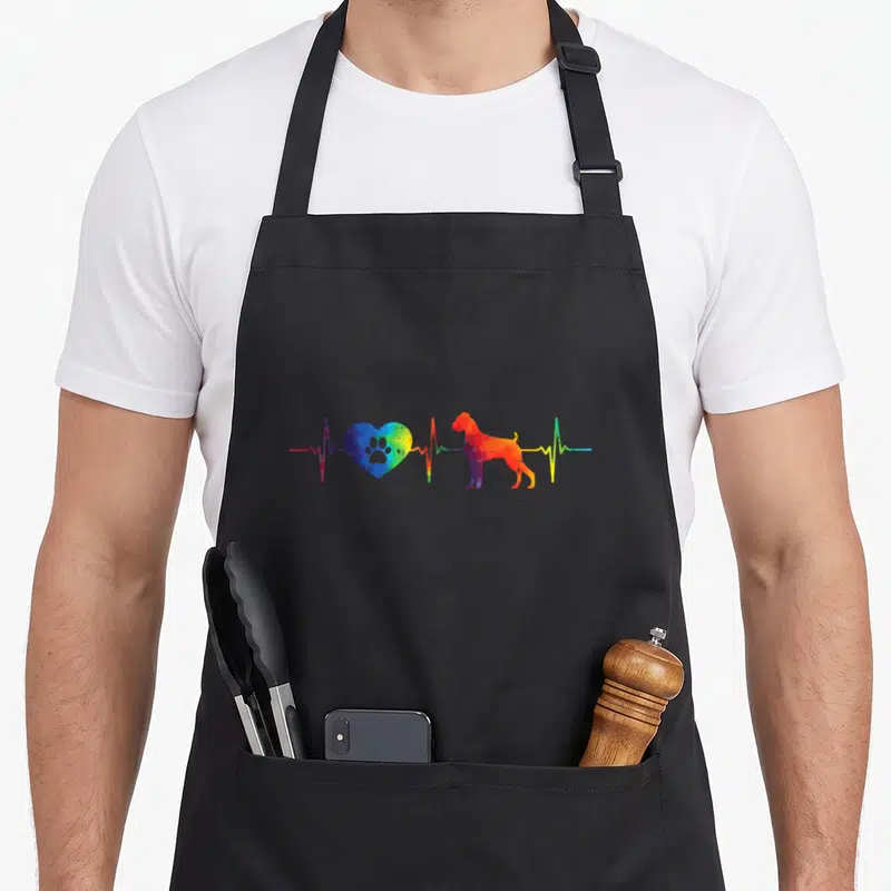 Tablier de cuisine noir avec un rythme cardiaque coloré intégrant un cœur à patte et un boxer stylisé en aquarelle.