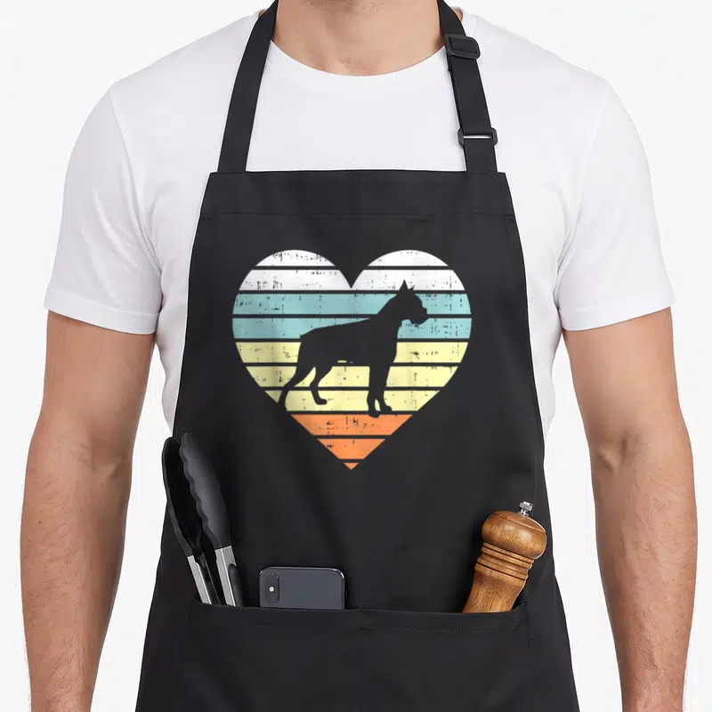 Tablier de cuisine noir avec un cœur coloré en bandes horizontales et la silhouette d'un chien Boxer au centre.