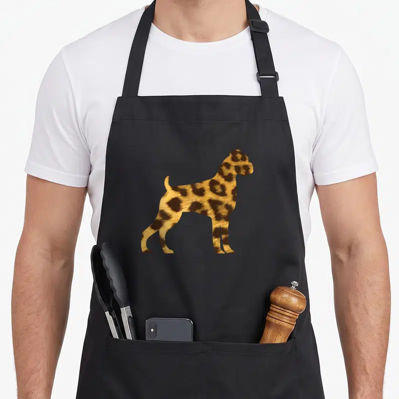 Tablier de cuisine noir avec silhouette de chien boxer recouverte d'un motif léopard orange et marron.