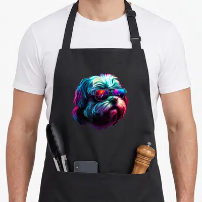 Tablier de cuisine noir avec illustration colorée d'un Shih Tzu aux cheveux multicolores et lunettes de soleil reflétant l'espace.