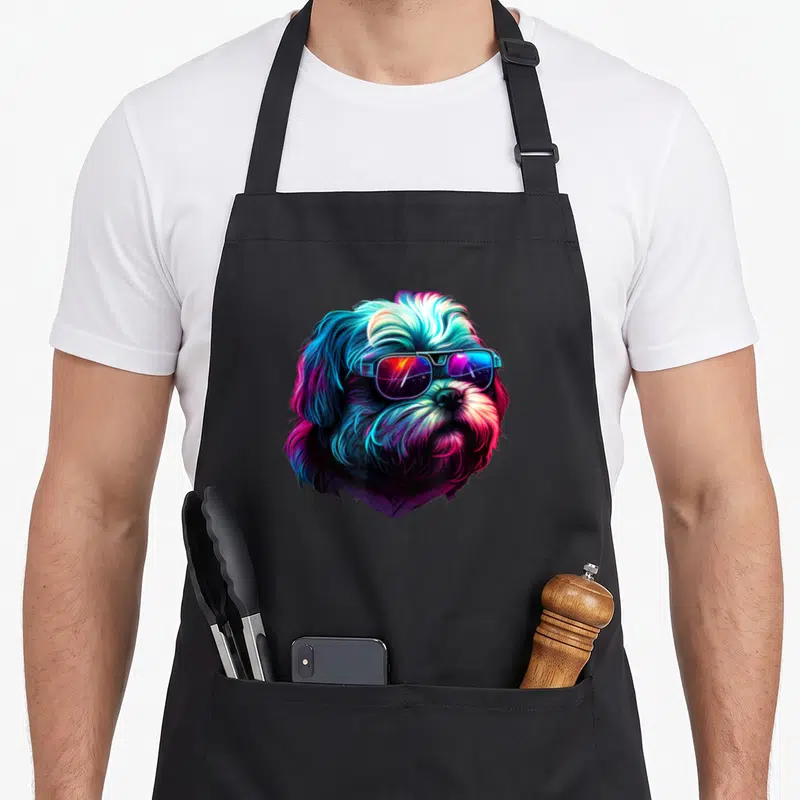 Tablier de cuisine noir avec illustration colorée d'un Shih Tzu aux cheveux multicolores et lunettes de soleil reflétant l'espace.