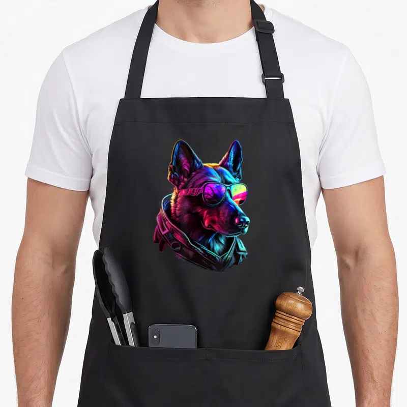 Tablier de cuisine noir avec un Malinois Belges aux couleurs néon portant des lunettes de soleil reflectantes.