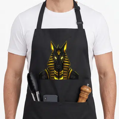Tablier de cuisine noir avec illustration d'Anubis dieu égyptien au visage de chacal noir et or