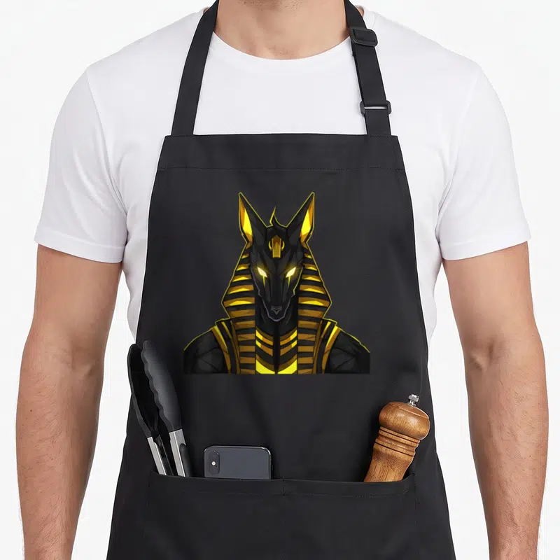 Tablier de cuisine noir avec illustration d'Anubis dieu égyptien au visage de chacal noir et or