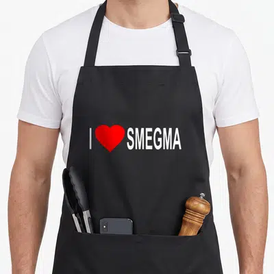 Tablier de cuisine noir avec inscription blanche I Love Smegma et un cœur rouge vif au centre du motif imprimé.