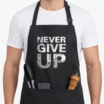 Tablier de cuisine noir avec l'inscription blanche Never Give Up Sports en lettres capitales texturées.