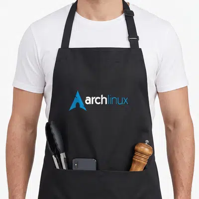 Tablier de cuisine noir orné du logo triangle bleu et du texte archlinux en blanc et cyan.